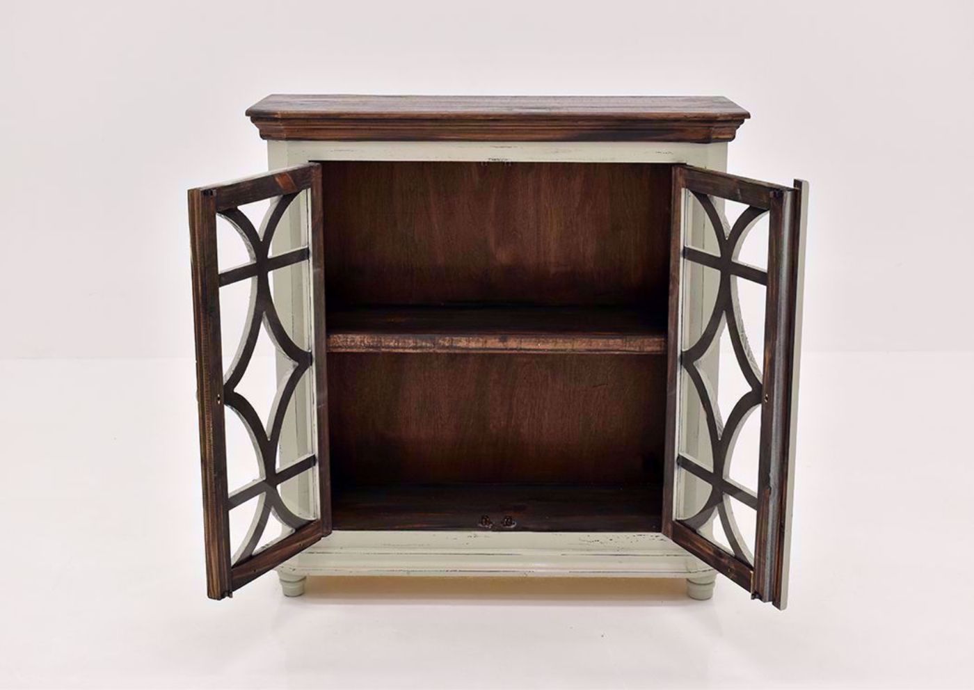 Rustic Gray Carmen 42" Console Cabinet by Rustic Imports Facing Front With the Doors Open | Home Furniture Plus Mattress