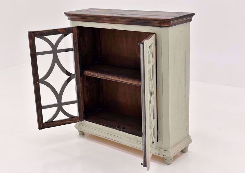 Rustic Gray Carmen 42" Console Cabinet by Rustic Imports at an Angle With the Doors Open | Home Furniture Plus Mattress