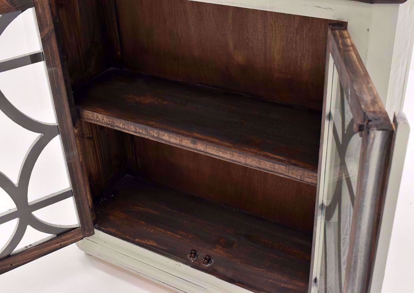 Rustic Gray Carmen 42" Console Cabinet by Rustic Imports Showing the Interior Shelving | Home Furniture Plus Mattress