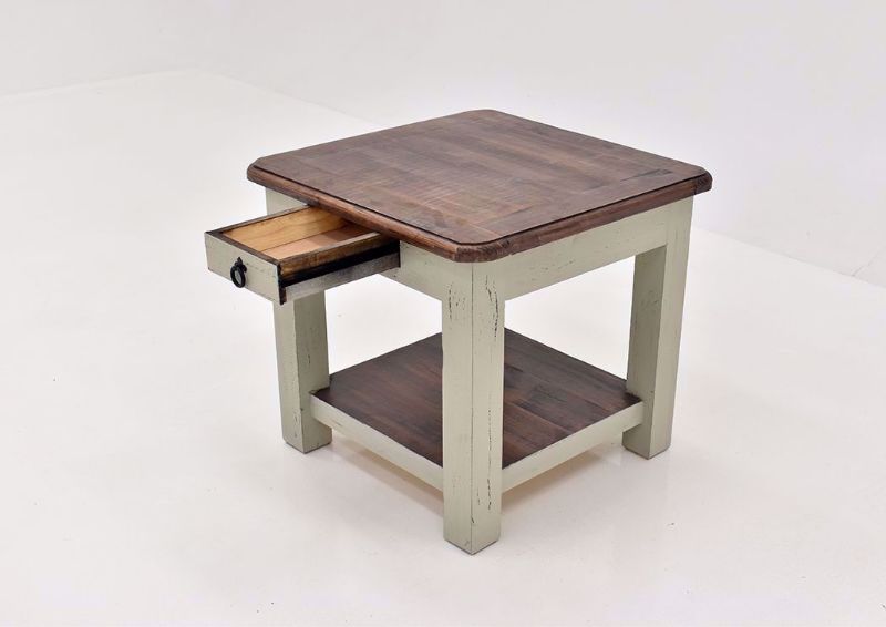 Rustic Gray Sierra End Table by Texas Rustic at an Angle With the Drawer Open | Home Furniture Plus Mattress