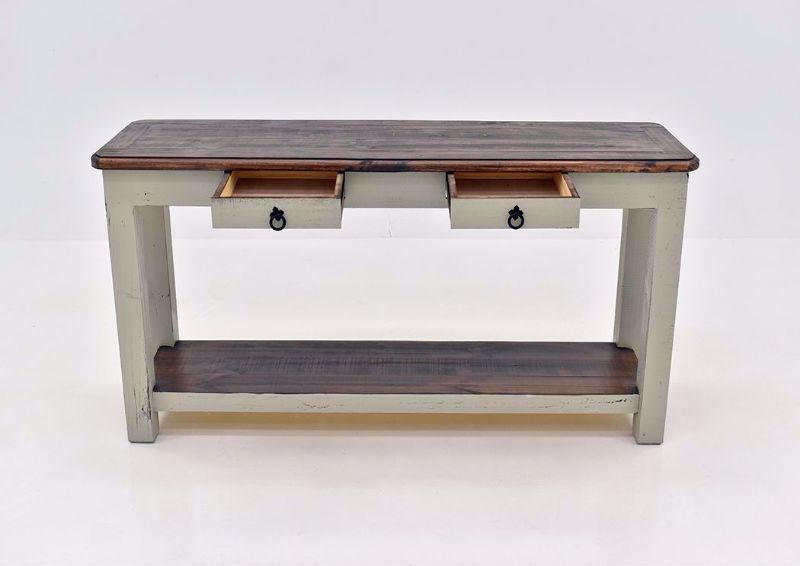 Rustic Gray Sierra Sofa Table by Texas Rustic Facing Front With the Drawers Open | Home Furniture Plus Mattress