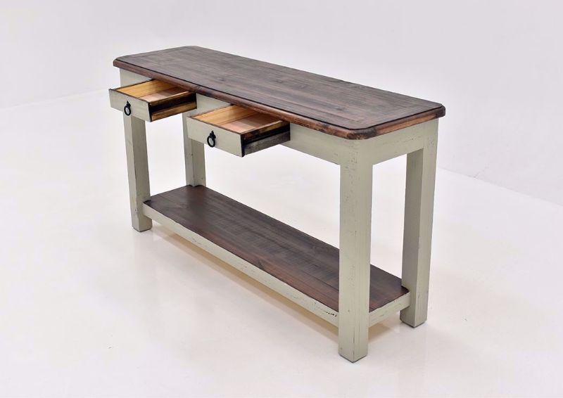 Rustic Gray Sierra Sofa Table by Texas Rustic at an Angle With the Drawers Open | Home Furniture Plus Mattress