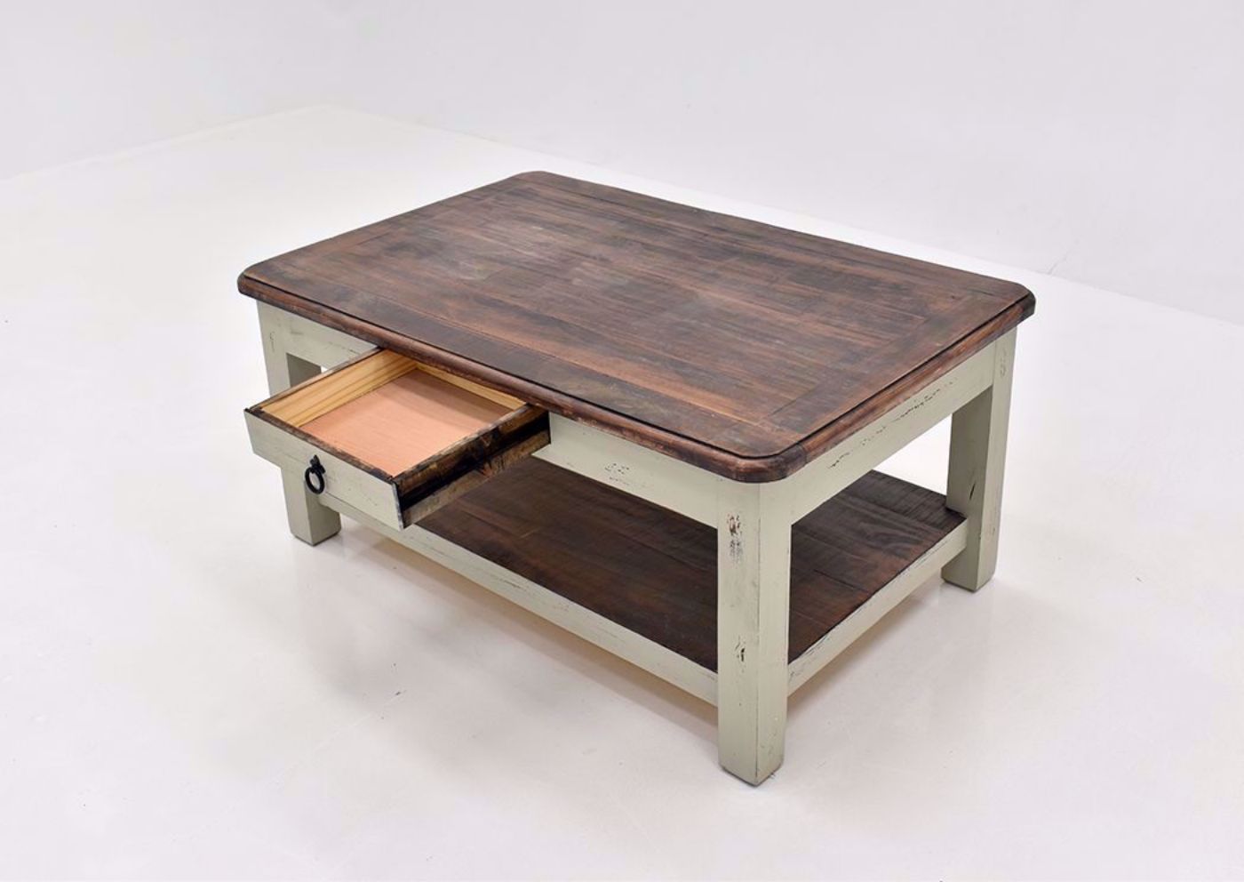 Rustic Gray Sierra Coffee Table by Texas Rustic Showing the Angle View With the Drawer Open | Home Furniture Plus Mattress