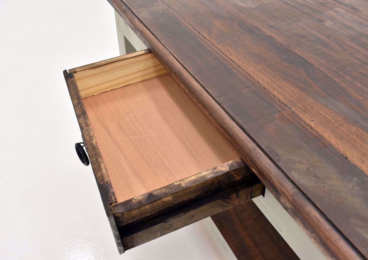 Rustic Gray Sierra Coffee Table by Texas Rustic Showing the Drawer Interior | Home Furniture Plus Mattress
