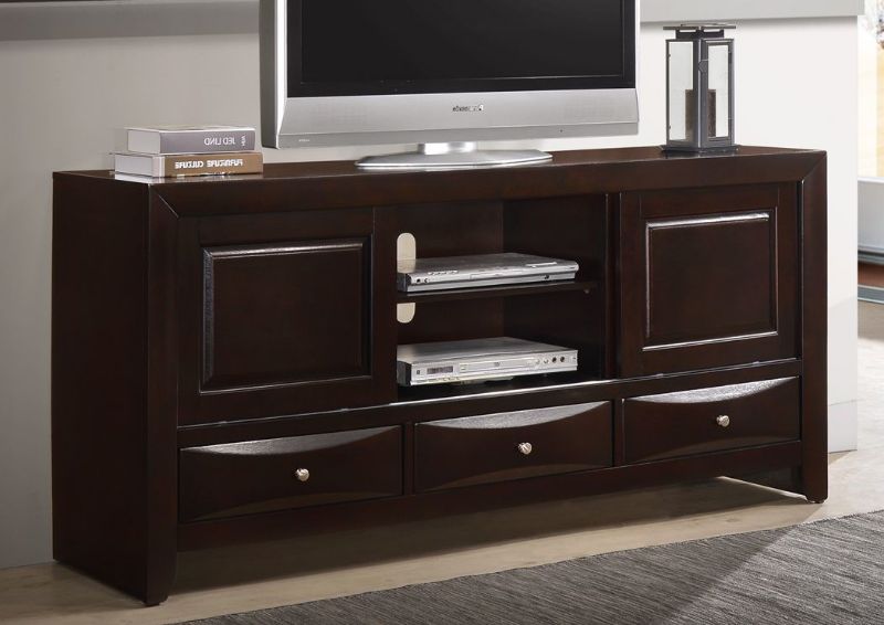 Dark Cherry Brown Emily TV Stand by Crown Mark International Showing a Room Setting | Home Furniture Plus Bedding