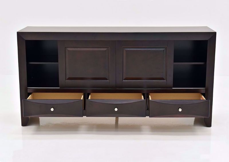 Dark Cherry Brown Emily TV Stand by Crown Mark International Showing a Front Facing View With the Cabinets and Drawers Open | Home Furniture Plus Bedding
