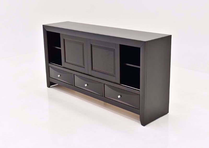 Dark Cherry Brown Emily TV Stand by Crown Mark International Showing an Angle View With the Cabinets Open | Home Furniture Plus Bedding
