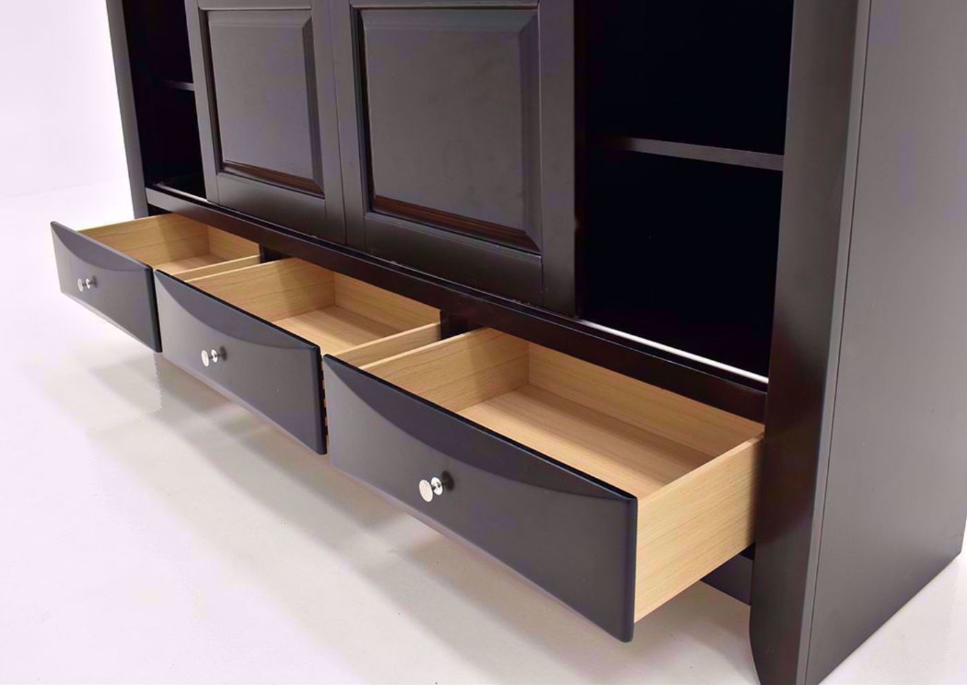 Dark Cherry Brown Emily TV Stand by Crown Mark International Showing the Drawers Open | Home Furniture Plus Bedding
