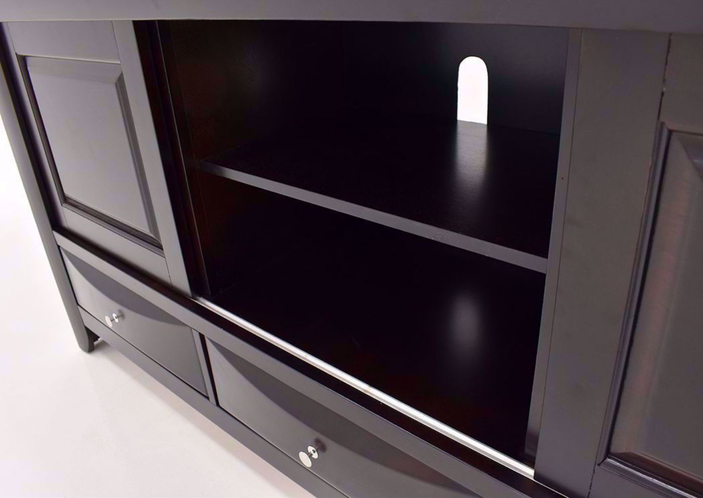 Dark Cherry Brown Emily TV Stand by Crown Mark International Showing the Shelf Detail | Home Furniture Plus Bedding