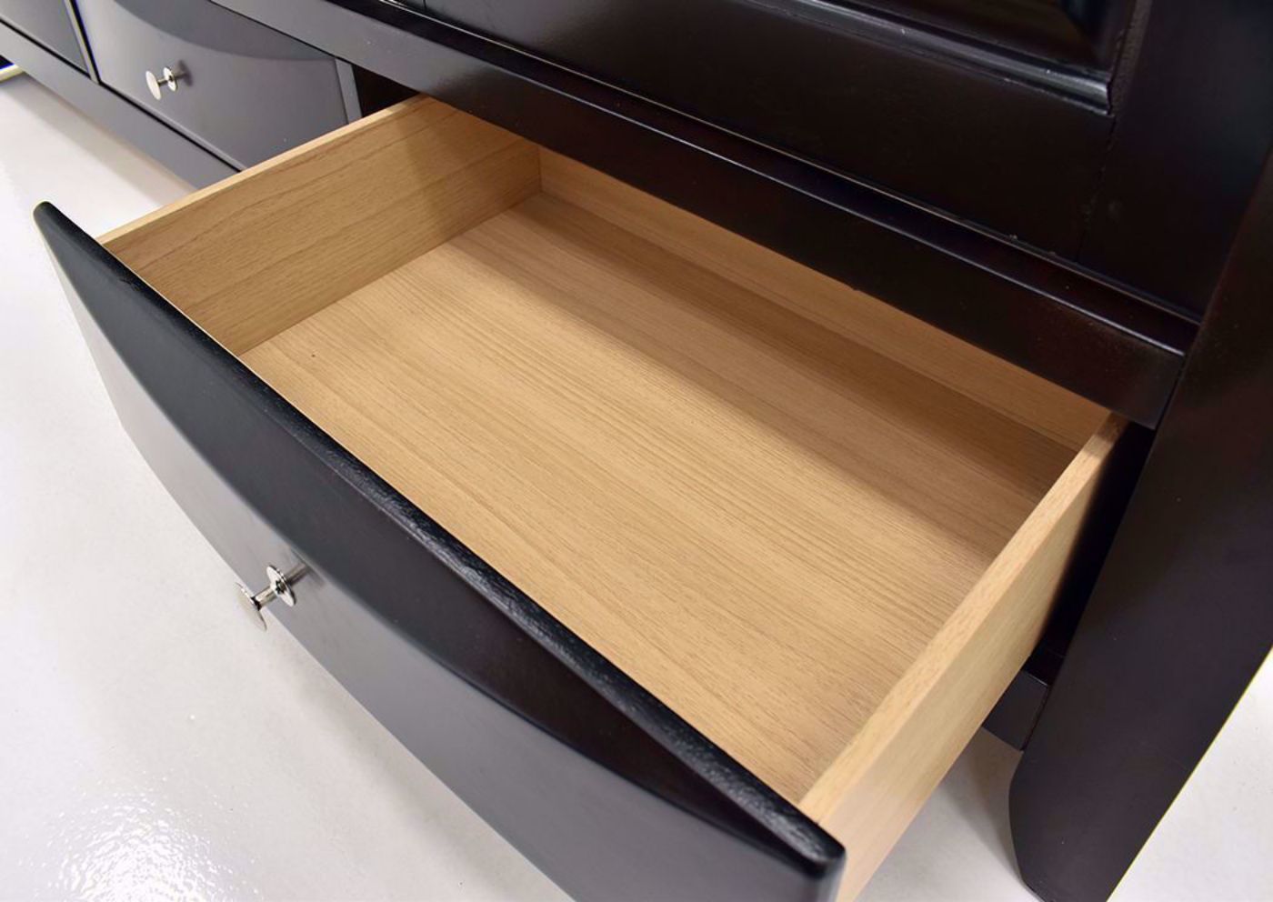 Dark Cherry Brown Emily TV Stand by Crown Mark International Showing the Drawer Interior | Home Furniture Plus Bedding