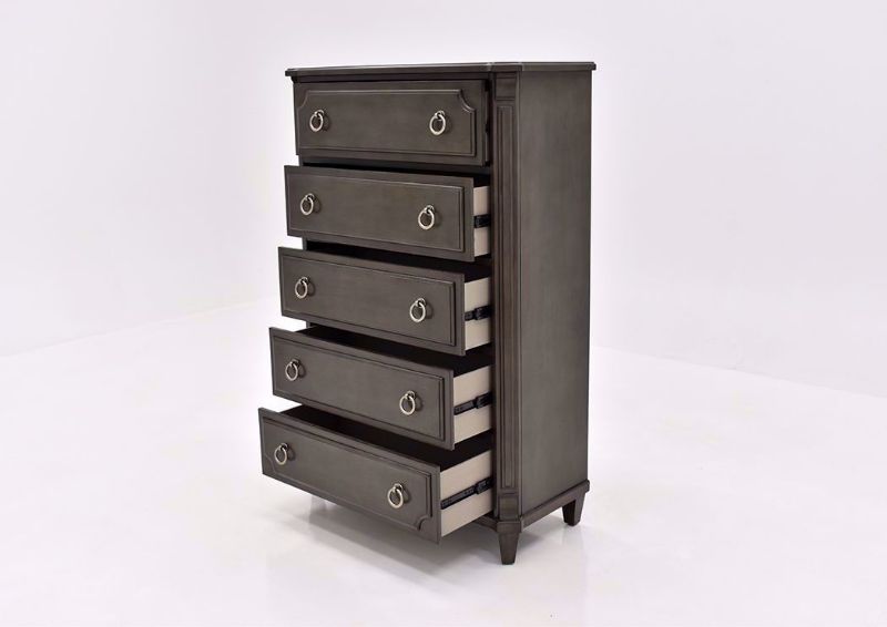 Gray Carnaby Chest of Drawers by Najarian Furniture at an Angle With the Drawers Open | Home Furniture Plus Bedding