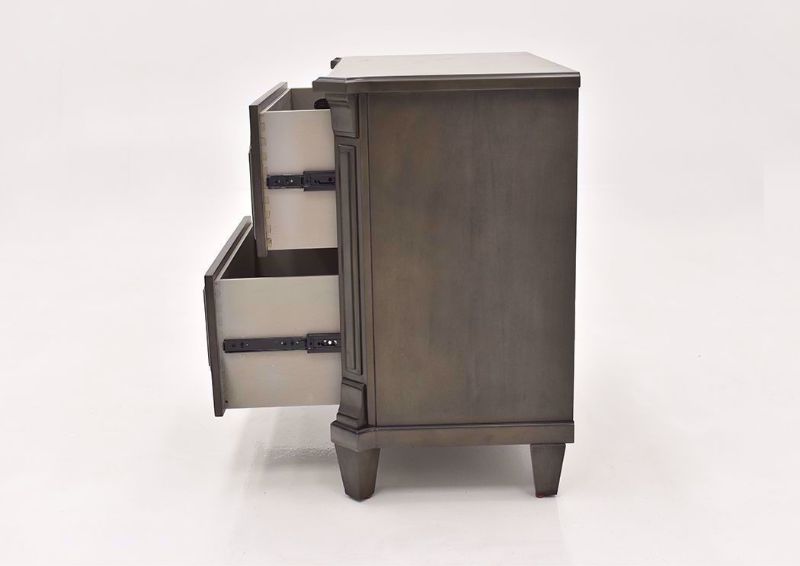 Gray Carnaby Nightstand by Najarian Furniture Showing the Side View With the Drawers Open | Home Furniture Plus Bedding
