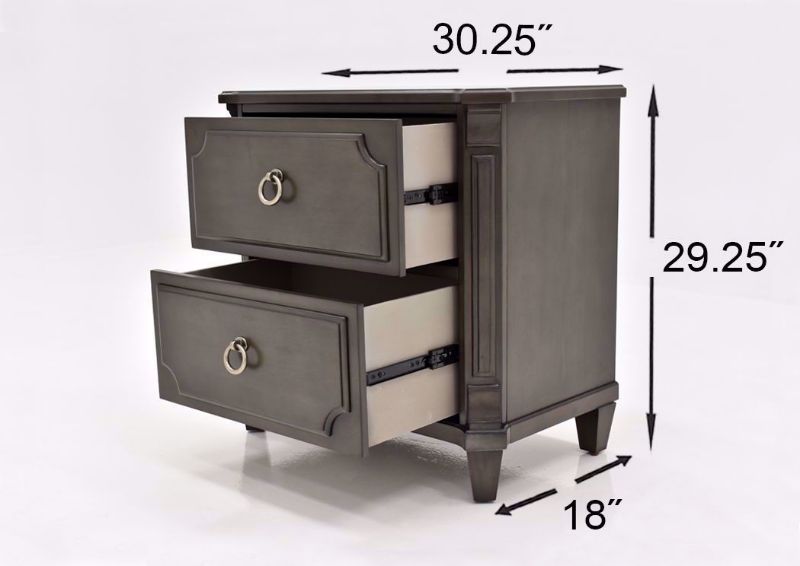 Gray Carnaby Bedroom Set by Najarian Furniture Showing the Nightstand Dimensions | Home Furniture Plus Bedding