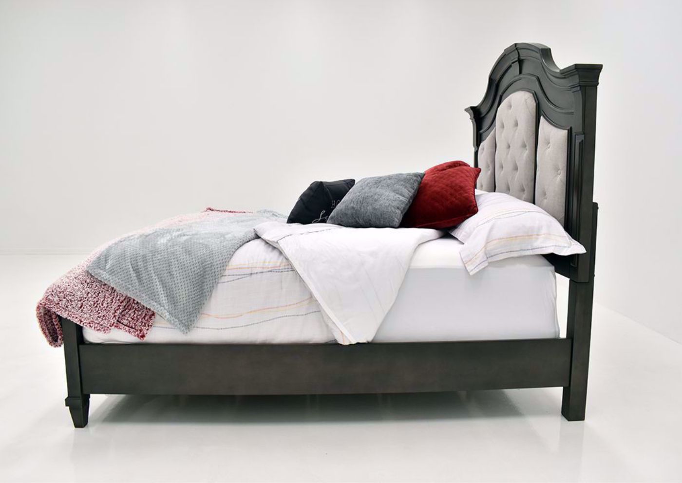 Gray Carnaby Queen Size Upholstered Bed by Najarian Showing the Side View | Home Furniture Plus Bedding