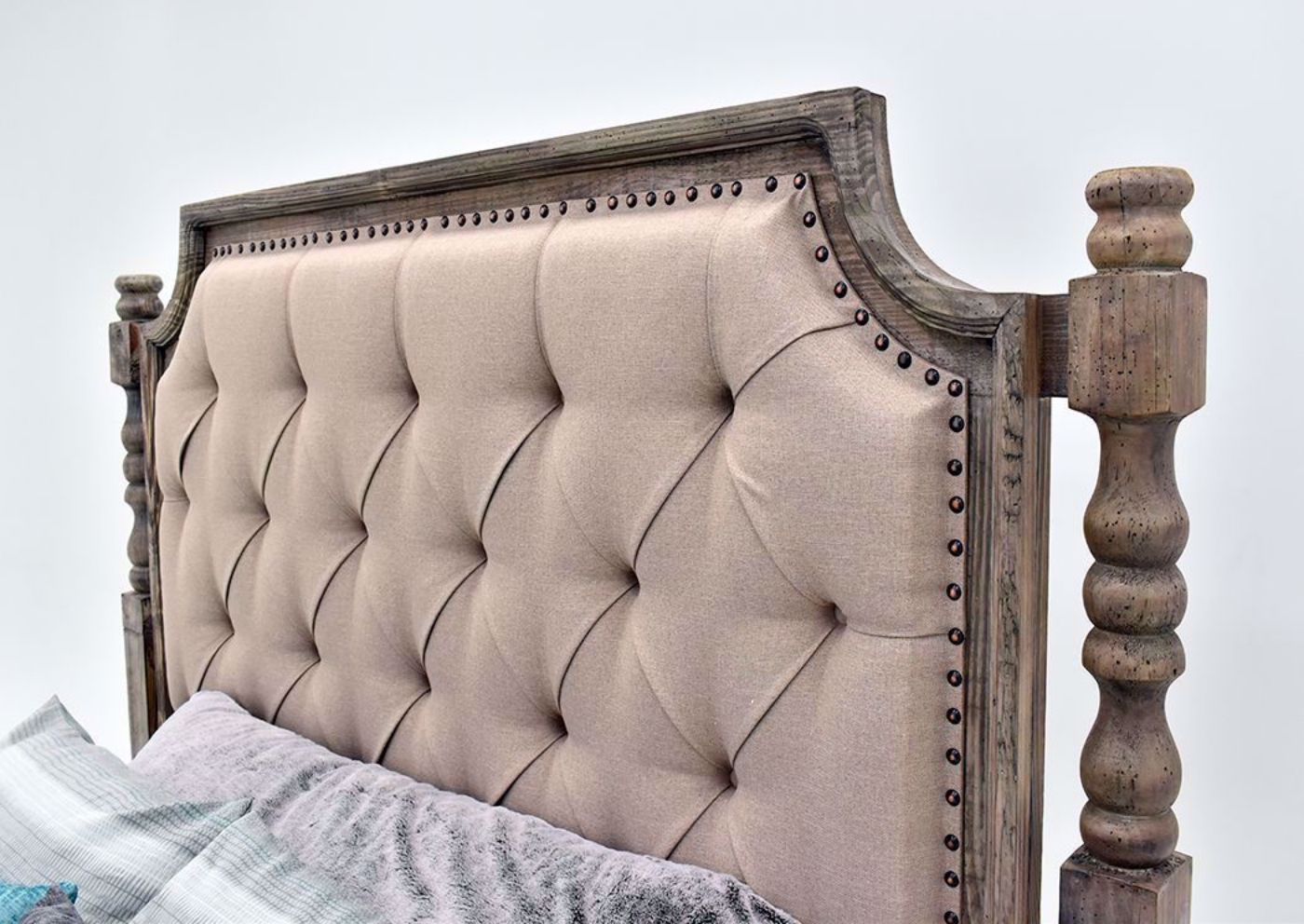 Rustic Gray Charleston King Size Upholstered Bed Showing the Upholstered Headboard | Home Furniture Plus Mattress