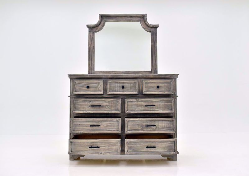 Rustic Gray Charleston Dresser with Mirror by Vintage Furniture Facing Front With the Drawers Open | Home Furniture Plus Mattress