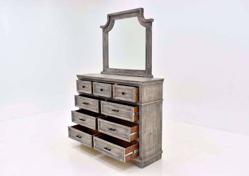 Rustic Gray Charleston Dresser with Mirror by Vintage Furniture at an Angle With the Drawers Open | Home Furniture Plus Mattress