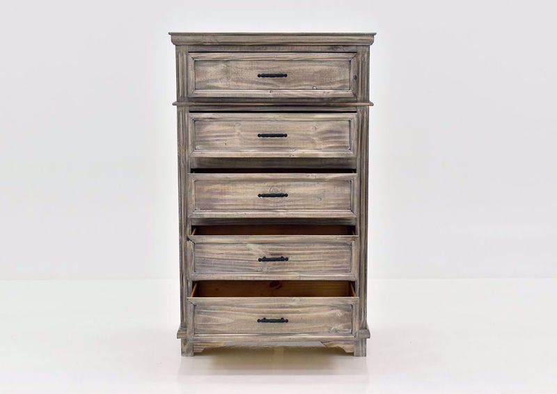 Rustic Gray Charleston Chest of Drawers by Vintage Furniture Showing the Front View With the Drawers Open | Home Furniture Plus Mattress