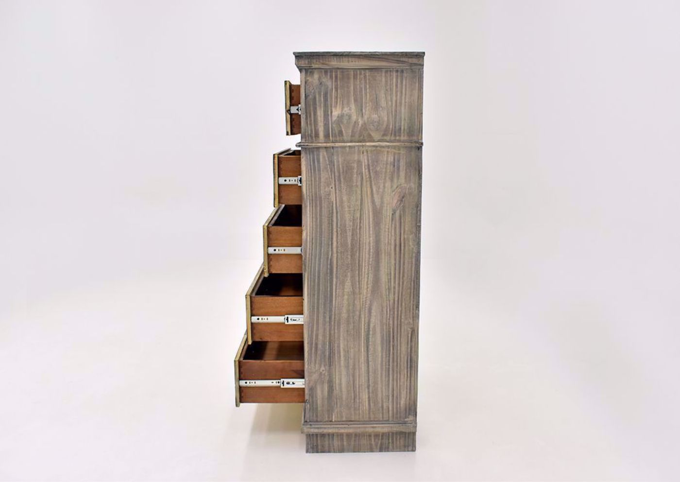 Rustic Gray Charleston Chest of Drawers by Vintage Furniture Showing the Side View With the Drawers Open | Home Furniture Plus Mattress