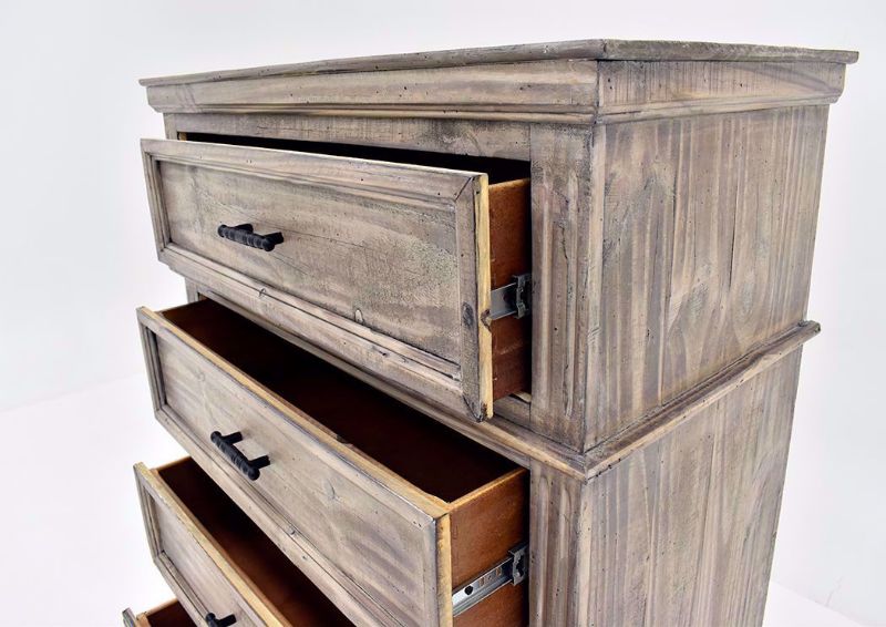 Rustic Gray Charleston Chest of Drawers by Vintage Furniture Showing a Close Up of the Drawers Open | Home Furniture Plus Mattress