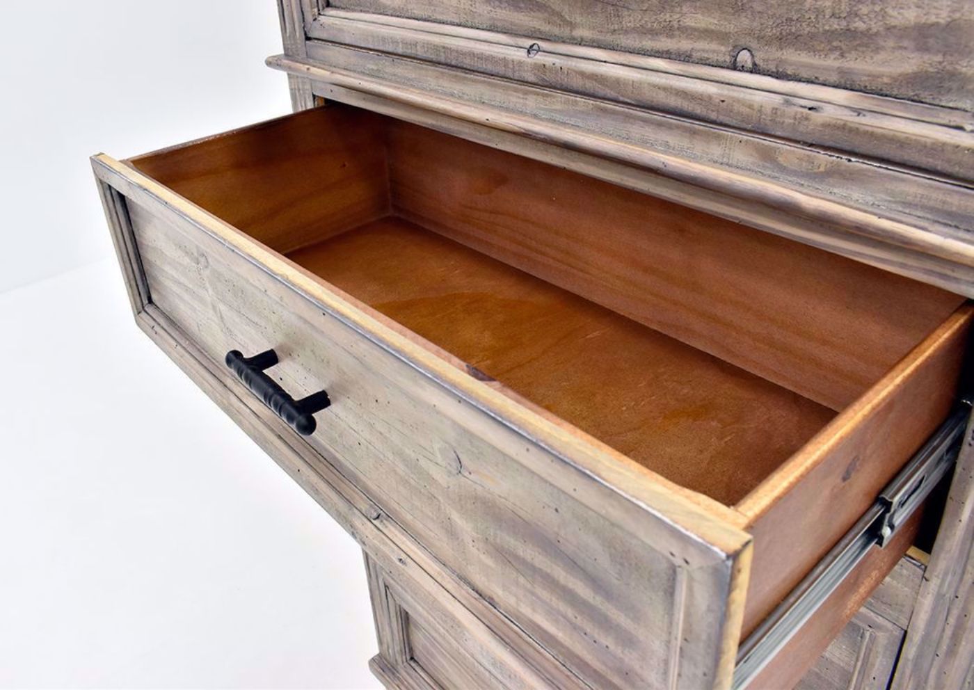 Rustic Gray Charleston Chest of Drawers by Vintage Furniture Showing the Drawer Interior | Home Furniture Plus Mattress