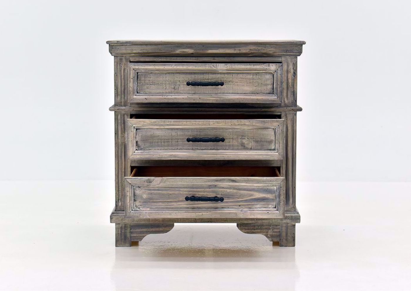 Rustic Gray Charleston Nightstand by Vintage Furniture Showing the Front View With the Drawers Open | Home Furniture Plus Mattress