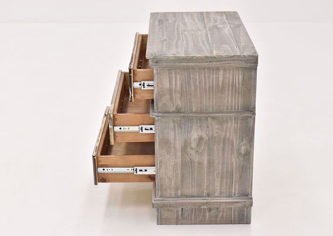 Rustic Gray Charleston Nightstand by Vintage Furniture Showing the Side View With the Drawers Open | Home Furniture Plus Mattress