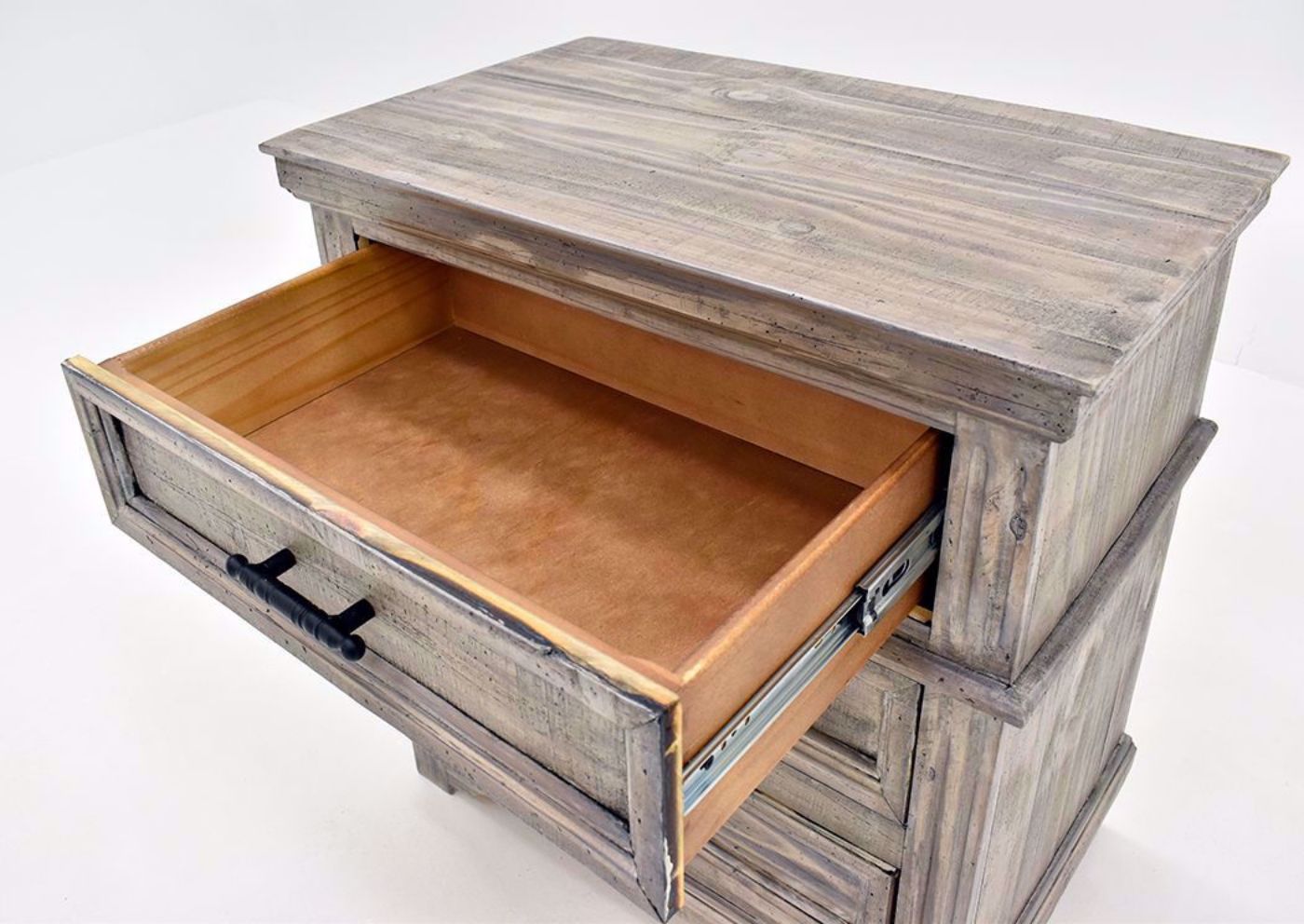 Rustic Gray Charleston Nightstand by Vintage Furniture Showing the Drawer Interior | Home Furniture Plus Mattress