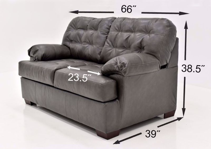 Dark Gray Leather Soft Touch Leather Loveseat Showing the Dimensions | Home Furniture Plus Mattress