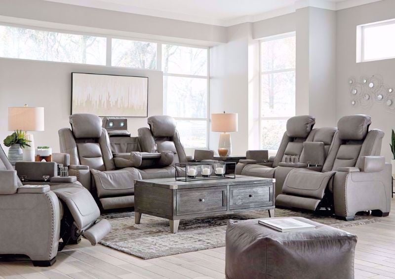 Gray Leather Man-Den Power Reclining Sofa Set by Ashley Furniture Showing a Room Setting | Home Furniture Plus Bedding