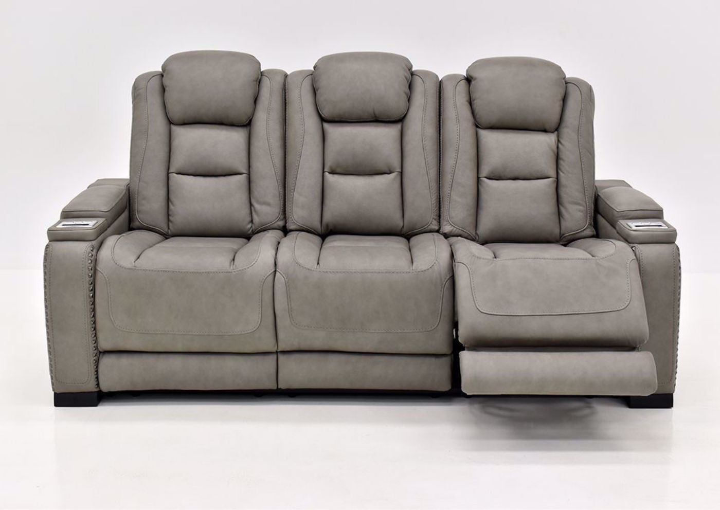 Gray Leather Man-Den Power Reclining Sofa by Ashley Furniture  Front Facing | Home Furniture Plus Bedding