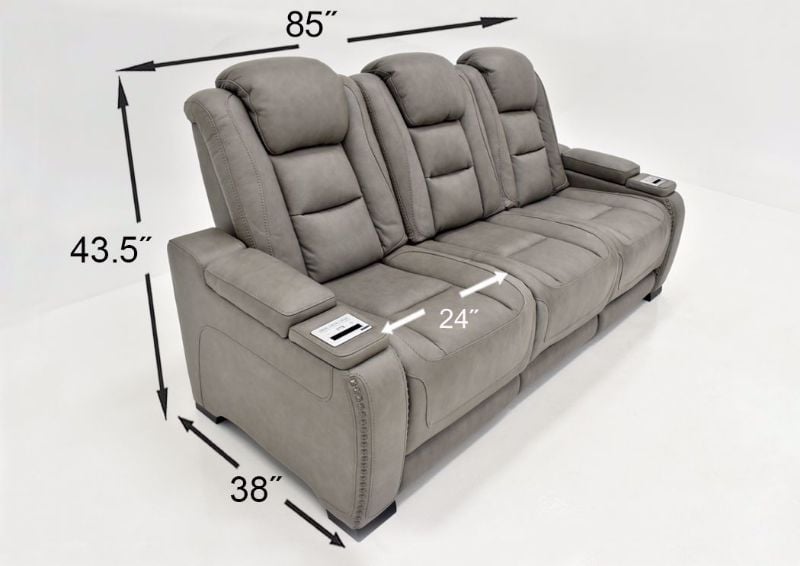 Gray Leather Man-Den Power Reclining Sofa by Ashley Furniture Showing the Dimensions | Home Furniture Plus Bedding