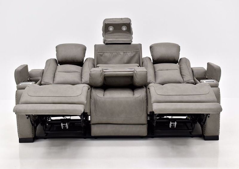 Gray Leather Man-Den Power Reclining Sofa by Ashley Furniture Facing Front in a Fully Reclined Position | Home Furniture Plus Bedding