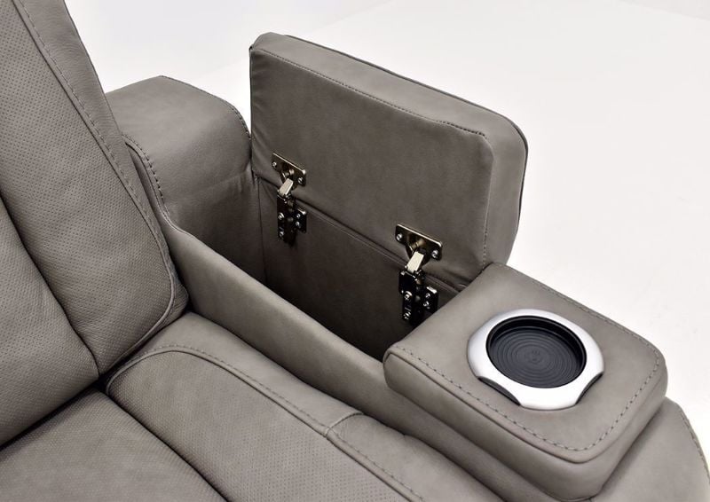 Gray Leather Man-Den Power Reclining Sofa by Ashley Furniture Showing the Arm Storage and Cupholder | Home Furniture Plus Bedding