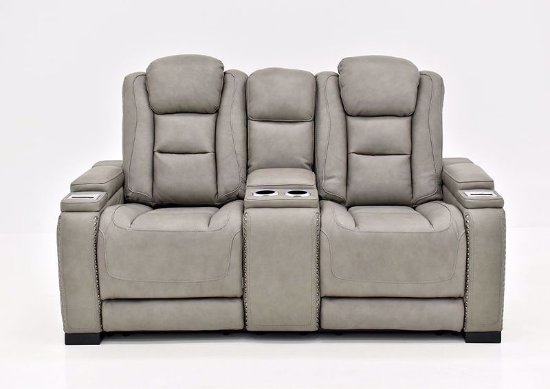Gray Leather Man-Den Power Reclining Loveseat by Ashley Furniture Front Facing | Home Furniture Plus Bedding