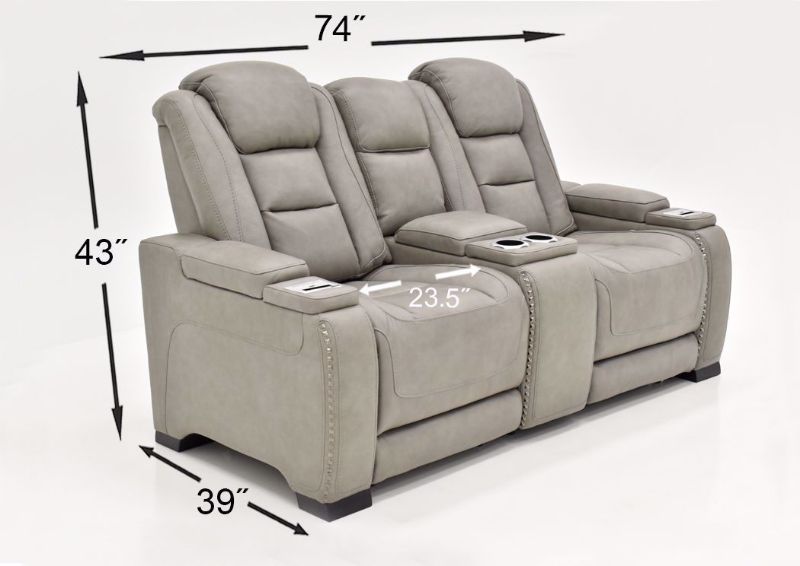 Gray Leather Man-Den Power Reclining Loveseat by Ashley Furniture Showing the Dimensions | Home Furniture Plus Bedding