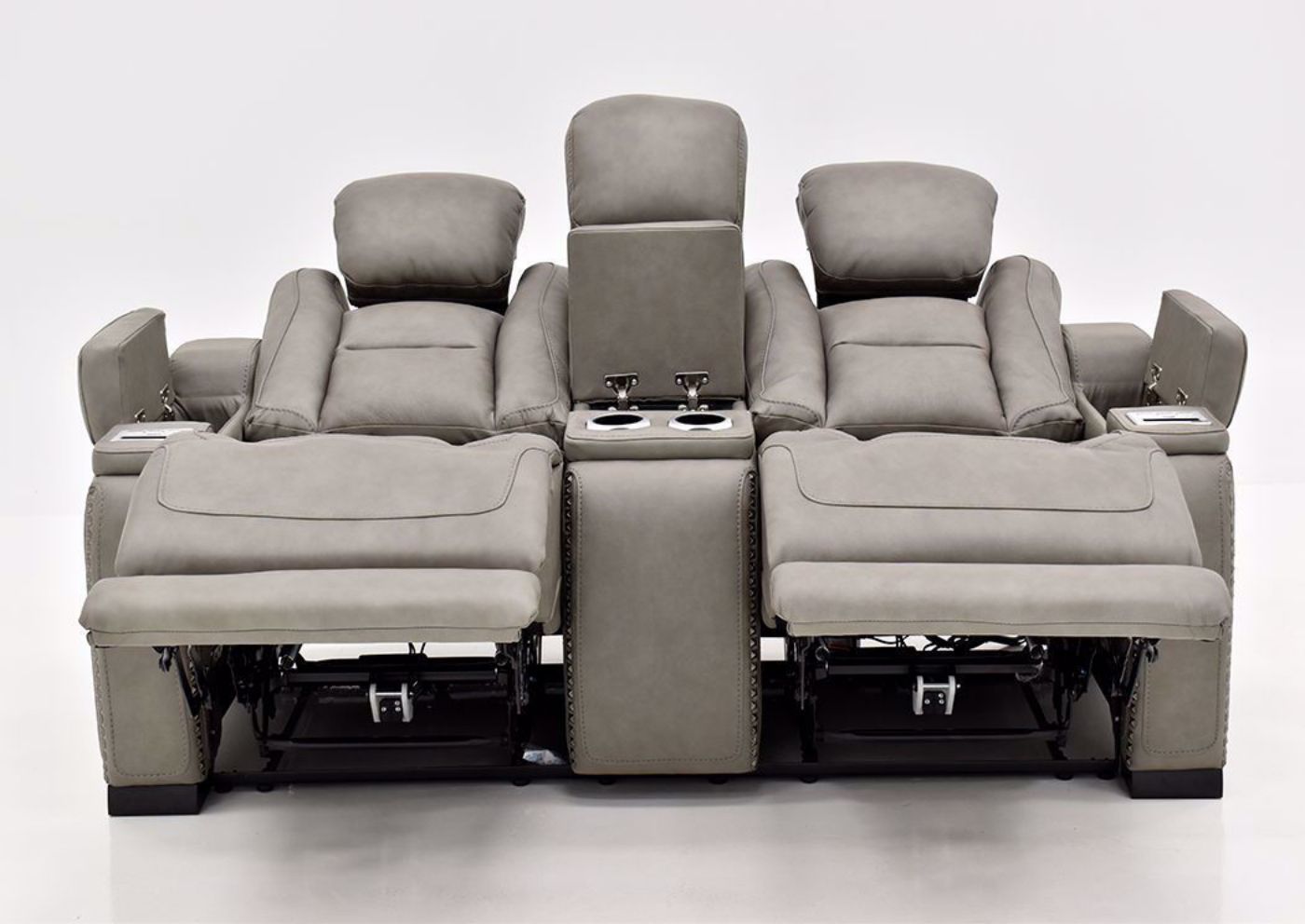 Gray Leather Man-Den Power Reclining Loveseat by Ashley Furniture Front Facing in a Fully Reclined Position | Home Furniture Plus Bedding
