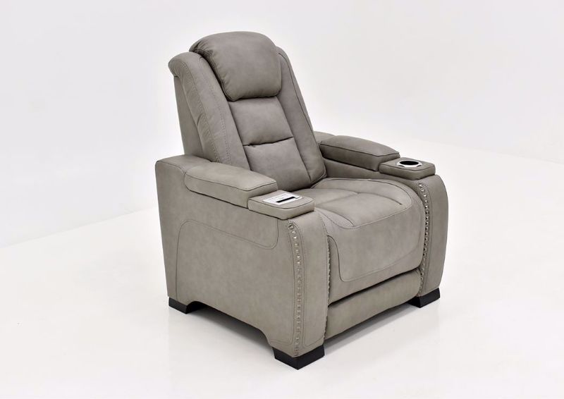 Gray Leather Man-Den Power Recliner by Ashley Furniture at an Angle | Home Furniture Plus Mattress