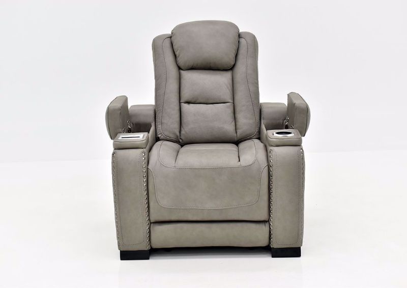 Gray Leather Man-Den Power Recliner by Ashley Furniture Facing Front with the Storage Arms Open | Home Furniture Plus Mattress