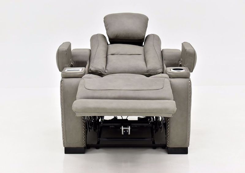Gray Leather Man-Den Power Recliner by Ashley Furniture Facing Front in a Fully Reclined Position with the Storage Arms Open | Home Furniture Plus Mattress