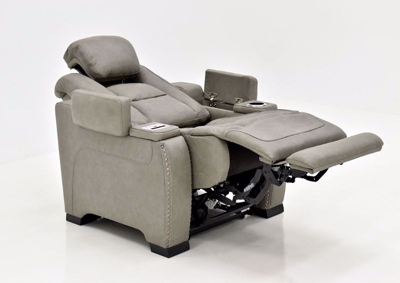 Gray Leather Man-Den Power Recliner by Ashley Furniture at an Angle in a Fully Reclined Position | Home Furniture Plus Mattress