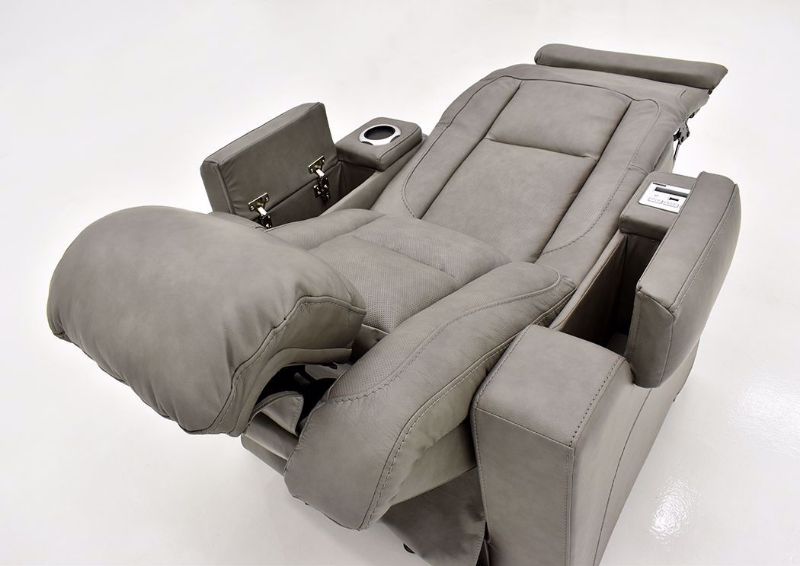 Gray Leather Man-Den Power Recliner by Ashley Furniture at an Angle in a Fully Reclined Position from the Back | Home Furniture Plus Mattress