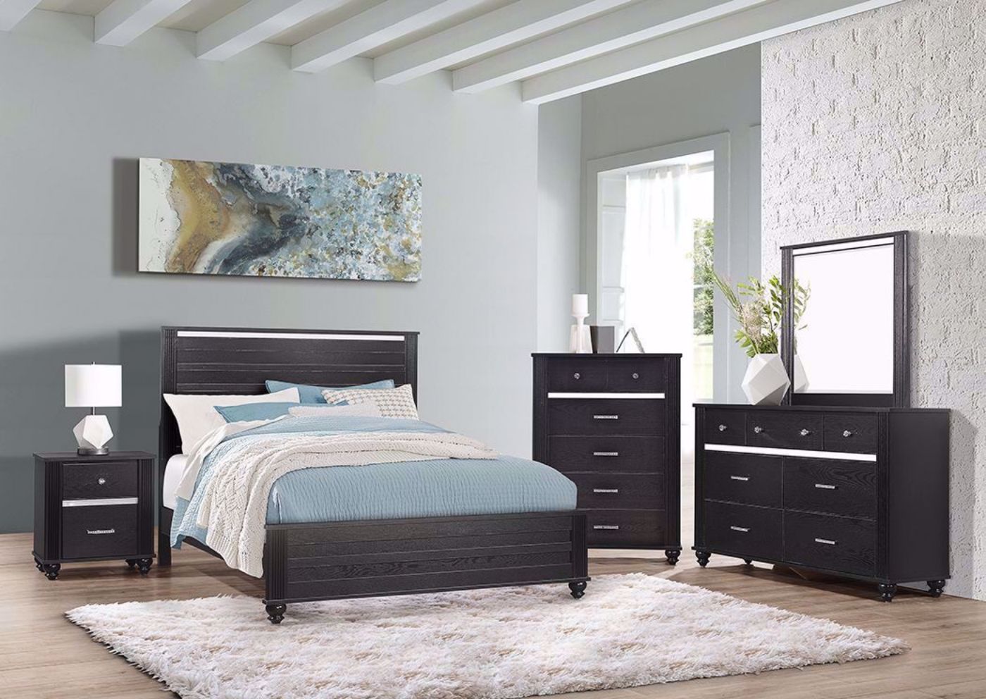 Gaston Bedroom Set  with Black Finish includes Bed, Dresser and Mirror and Nightstand - Chest Sold Separately | Home Furniture Plus Bedding