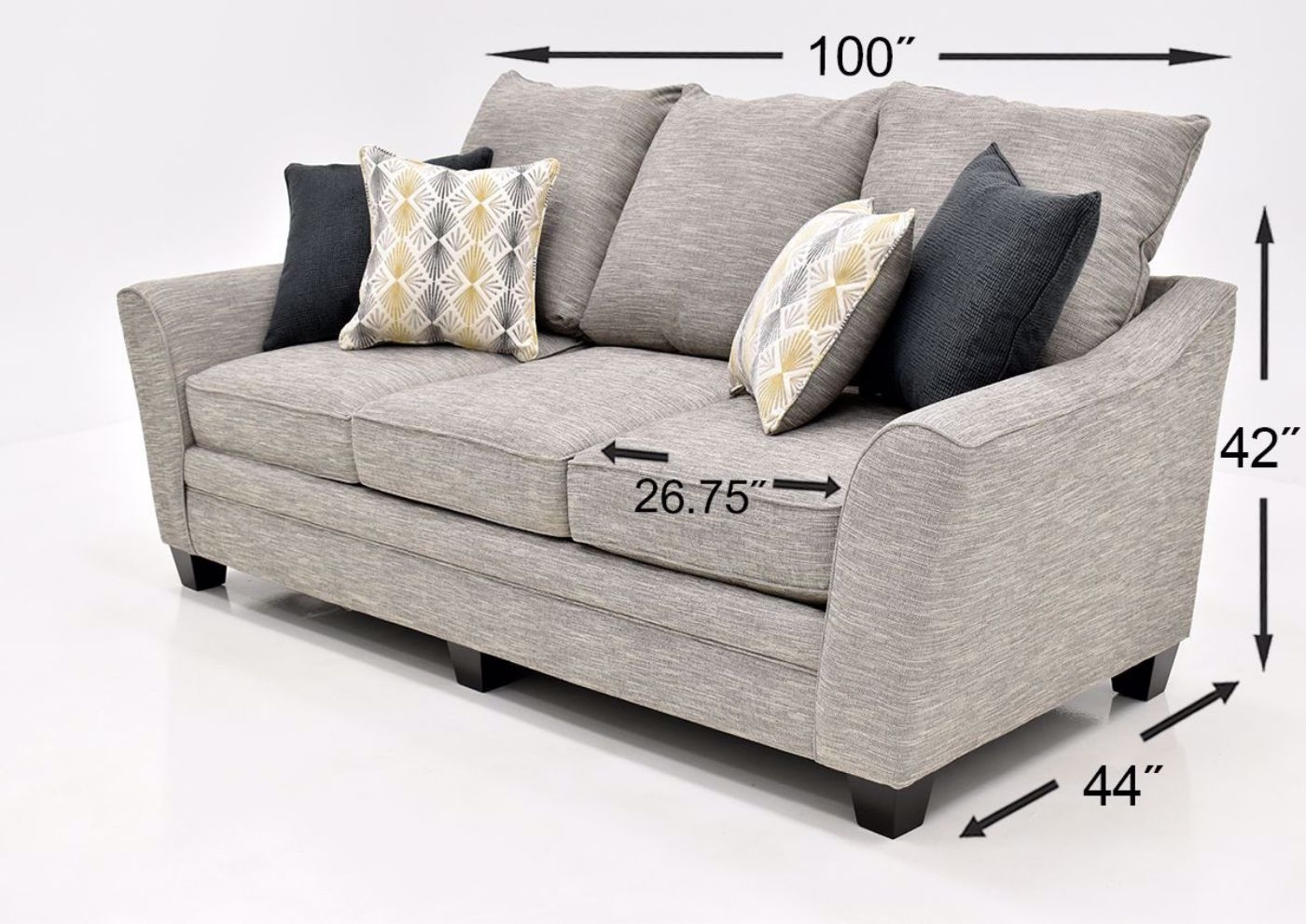 Gray Springer Sofa by Franklin angle View with Dimensions | Home Furniture Plus Bedding
