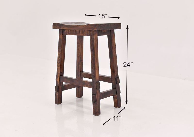 Brown Hayes 24 Inch Bar Stool by Rustic Imports angle view showing dimensions | Home Furniture Plus Bedding