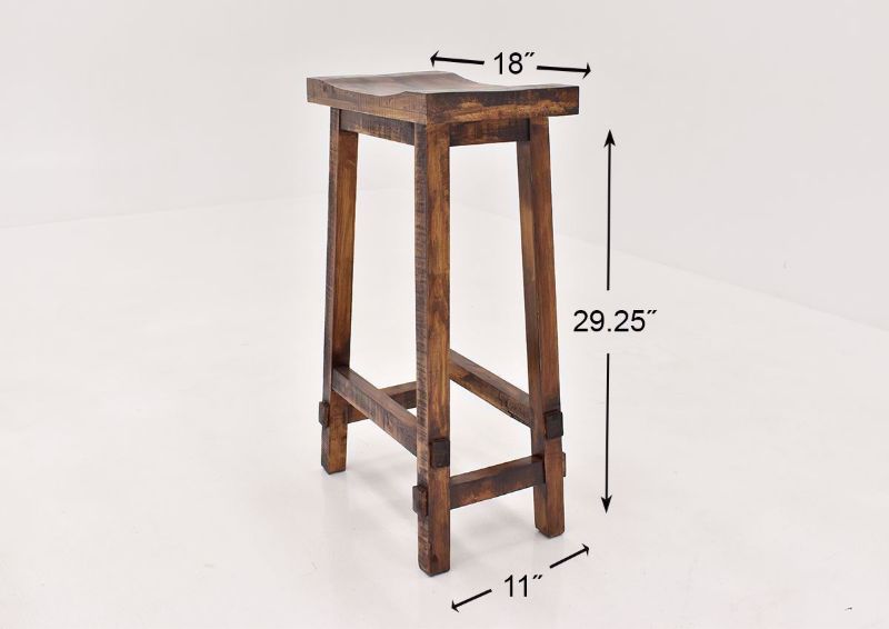 Brown Hayes 30 Inch Bar Stool by Rustic Imports angle view showing dimensions | Home Furniture Plus Bedding