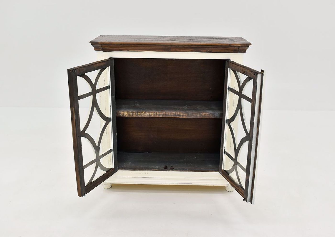 White Carmen 42" Console Cabinet by Rustic Imports doors open with inside view | Home Furniture Plus Bedding