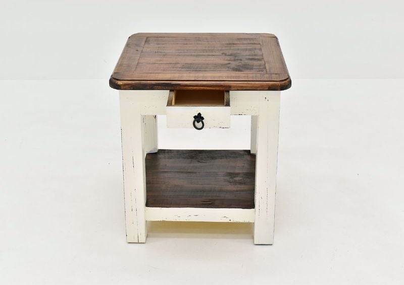 Rustic White Sierra End Table by Texas Rustic Facing Front With the Drawer Open | Home Furniture Plus Mattress
