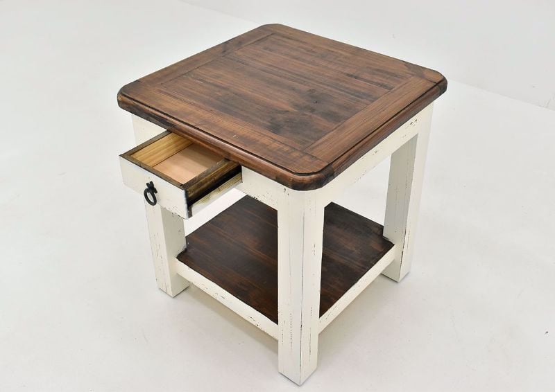 Rustic White Sierra End Table by Texas Rustic at an Angle With the Drawer Open | Home Furniture Plus Mattress