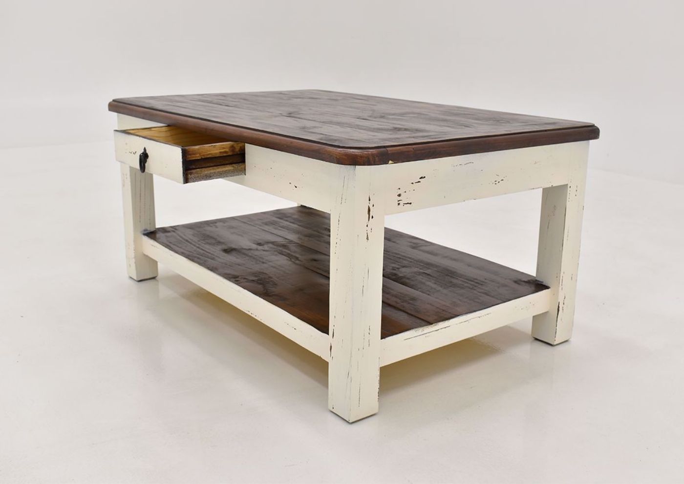 Rustic White Sierra Coffee Table by Texas Rustic Showing the Angle View With the Drawer Open | Home Furniture Plus Mattress